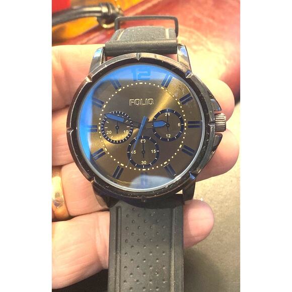 Men's 50mm Gun Metal Tone Folio Watch, Multifunction Look, Poly Band - Picture 3 of 3